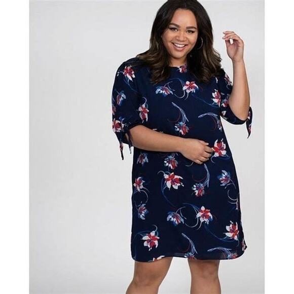 Kiyonna Dress 1X Manhattan Style Shift Red White Blue Floral 3/4 Sleeves Pretty - Picture 2 of 12